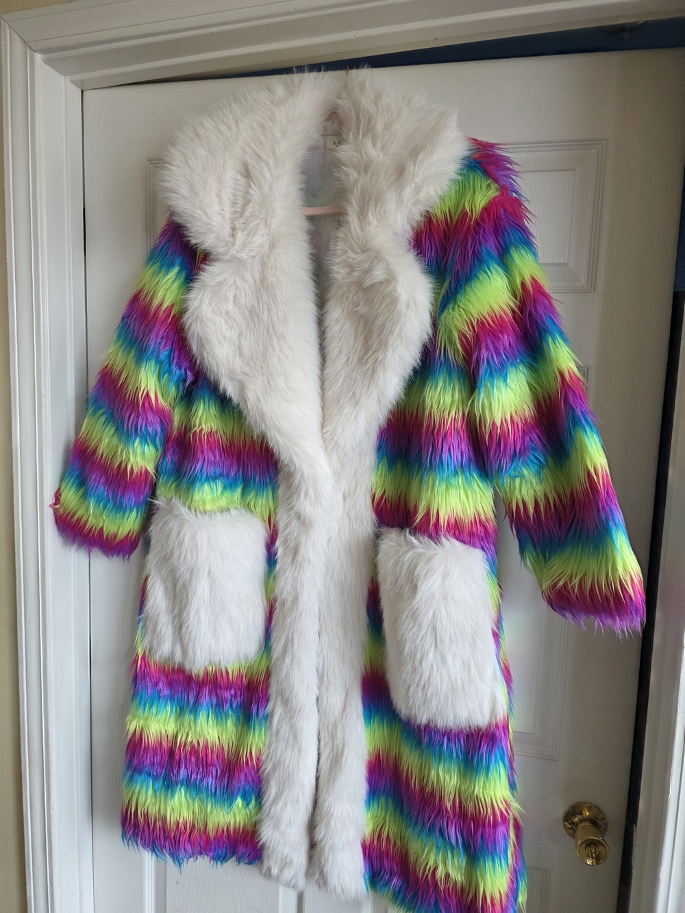 Womens Rainbow Faux Fur Coat with White Trim
